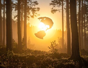 Sunrise through forest, Earth silhouette