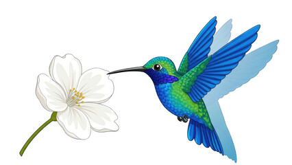 Obraz premium hummingbird gracefully approaches a delicate white flower, showcasing nature's beauty and pollination.
