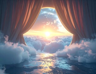 Sunrise view through soft drapes