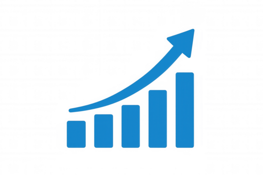 Growing bar graph with upward arrow illustrating business success, market growth, financial trend, and data improvement