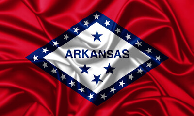 Arkansas state waving flag close up satin silk texture background