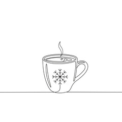 One line art drawing of a winter mug with snowflake decoration.