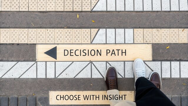 Decision Path Message on Sidewalk with Two Pairs of Feet, Encouraging Thoughtful Choices and Directional Guidance