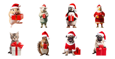 PNG Festive animals with Christmas gifts, element set on transparent background