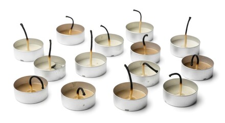 Fifteen small round metallic candle holders with spent wicks and residual wax scattered across a plain white surface