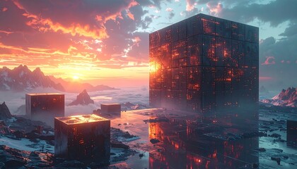 Sunset over a futuristic, metallic cube