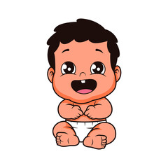 Cartoon Baby with Dark Brown Hair and Tan Skin Toned Wearing White Diaper with Transparent Background