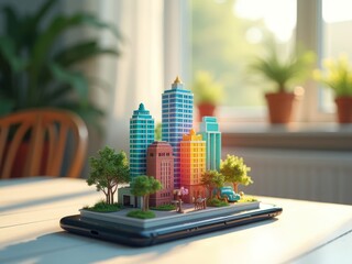 Vibrant miniature cityscape model displayed on a smartphone, surrounded by greenery indoors