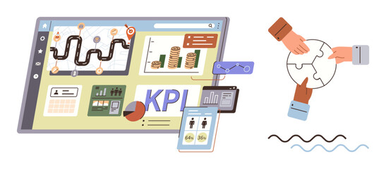 Tablet screen with KPI dashboards, charts, graphs, and puzzle-piece hands symbolizing teamwork. Ideal for data analysis, teamwork, goals, collaboration, business strategy productivity simple flat
