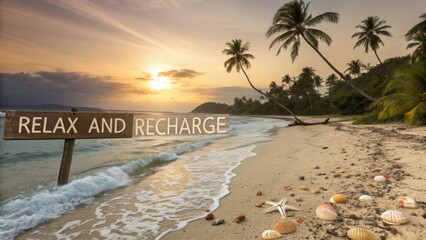 Tranquil Beach Scene with Inspirational Sign at Sunset Surrounded by Palm Trees and Seashells in Tropical Paradise
