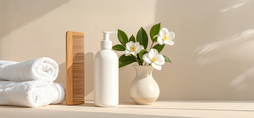 Serene Simplicity: Minimalist Bathroom Decor Featuring White Skincare Bottles, Soft Towels, and Floral Ceramic Accents on a Warm Beige Canvas