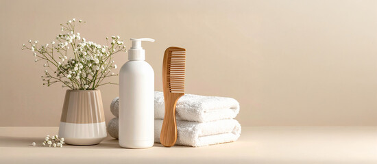 Serene Simplicity: Minimalist Bathroom Decor Featuring White Skincare Bottles, Soft Towels, and Floral Ceramic Accents on a Warm Beige Canvas