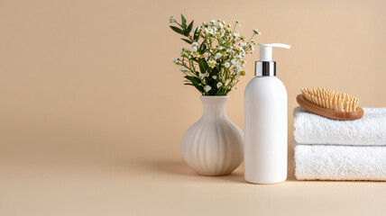 Serene Simplicity: Minimalist Bathroom Decor Featuring White Skincare Bottles, Soft Towels, and Floral Ceramic Accents on a Warm Beige Canvas