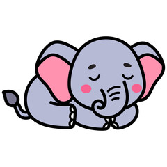 Sleeping Gray Elephant with Pink Ears Doodle on Transparent Background Emoji Icon