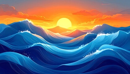 Sunset over a vast, rippling ocean