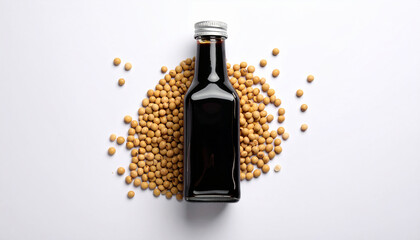 A soy sauce bottle glass container with soybeans around it, shot from above, flat lay
