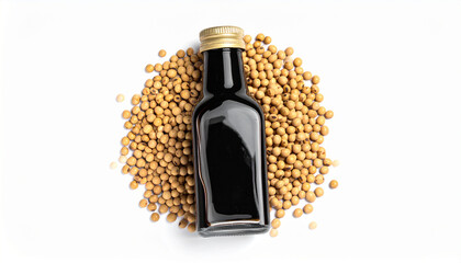 A soy sauce bottle glass container with soybeans around it, shot from above, flat lay