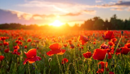 Sunset over a vibrant poppy field