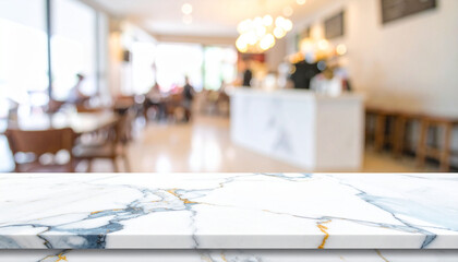 Marble empty white table top front view over blur cafe coffee shop background