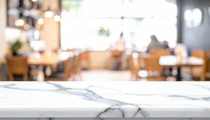 Marble empty white table top front view over blur cafe coffee shop background