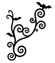 Black corner ornament with elegant swirling vines and bats, Halloween corner design with gothic curls and spooky shapes
