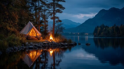 Obraz premium Cozy Tent by Serene Lake with Campfire under Twilight Sky at Dusk