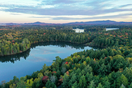 Saranac Lake Fish Creek area Adirondacks upstate NY morning sunrise fall foliage aerial drone