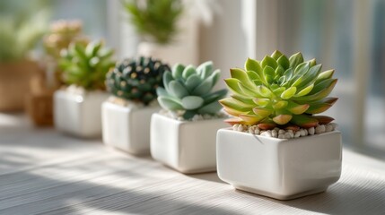 Obraz premium Succulent Plants in White Pots with Decorative Rocks on Sunlit Wooden Surface