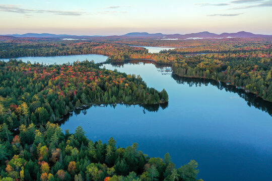 Saranac Lake Fish Creek area Adirondacks upstate NY morning sunrise fall foliage aerial drone
