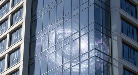Glass facade of a modern building showing an intricate glowing abstract digital pattern with swirling lines and bright spots