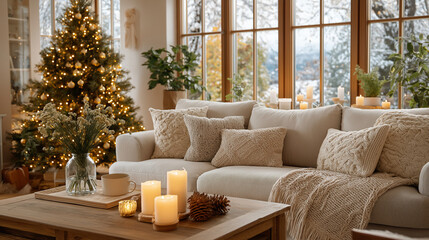Fototapeta premium Cozy Christmas Living: A beautifully decorated living room exudes warmth and holiday cheer, with a glowing Christmas tree, lit candles, and comfortable seating creating an inviting atmosphere.
