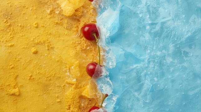 Vibrant summer dessert featuring mango and ice with cherries, evoking refreshing vibes