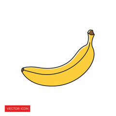 Single yellow banana with brown stem tip, isolated on white background, in a simple, outlined vector illustration.