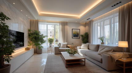 Fototapeta premium Serene Living Room Interior: Experience the essence of modern design and comfortable living with this meticulously crafted living room. Soft lighting accentuates the sleek lines.