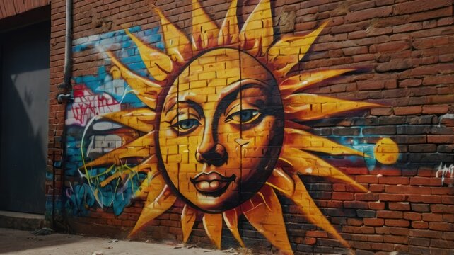 Vibrant sun mural on a brick wall, showcasing artistic expression in an urban setting (1)
