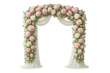 Wedding arch with pink flowers and white fabric