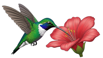 Vibrant green hummingbird with blue and white markings hovering to feed nectar from a bright red hibiscus flower.