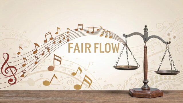 Balance a brown scale on a wooden table with flowing music notes on a beige background for harmony and justice concept - Powered by Adobe
