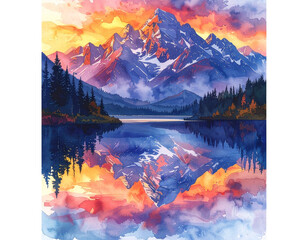 - Watercolor Sunset Over Mountain Range with Reflection