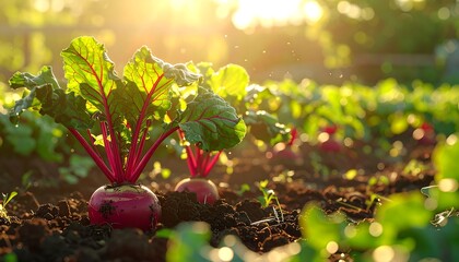 Sunset view of vibrant radish plants