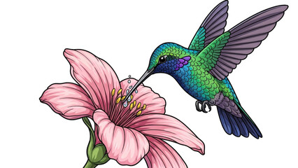 green and blue hummingbird hovers near a delicate pink flower, its long beak reaching for nectar.