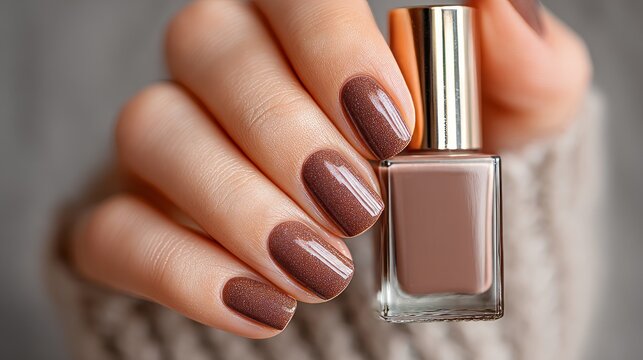 Elegant Brown Nail Polish In Stylish Hand Against Cozy Background