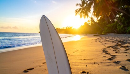 Surfboard on golden beach at sunset (2)