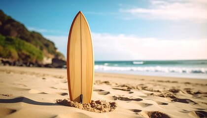Surfboard on sandy beach, ocean view