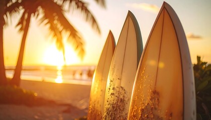 Surfboards at sunset on beach