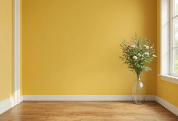 yellow wall interior with plant vase on wood floor. front view. 3d rendering.
