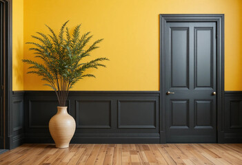 yellow wall interior with plant vase on wood floor. front view. 3d rendering.