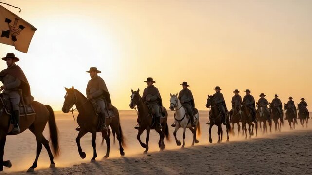 long line of riders in hats and capes on horseback traverses sandy dusty desert at sunset The lead horseman carries distinct flag as the procession extends far into the horizon