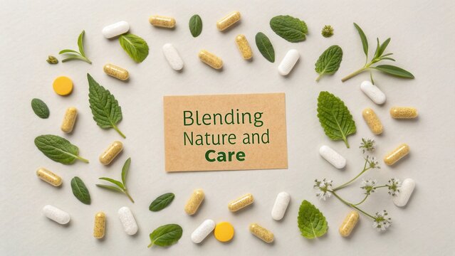 Blending Nature and Care With Herbal Capsules and Fresh Green Leaves for Wellness and Nutrition Support