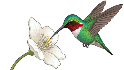 ruby-throated hummingbird with green and red feathers hovering to drink nectar from a white flower.